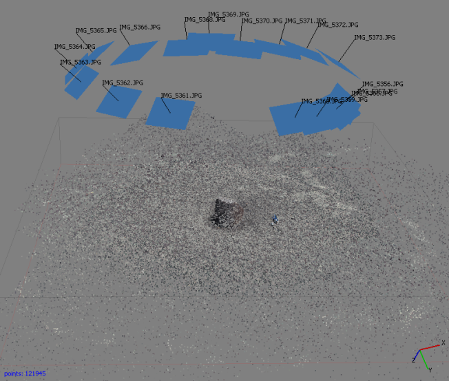 Sparse point cloud with modelled camera positions.